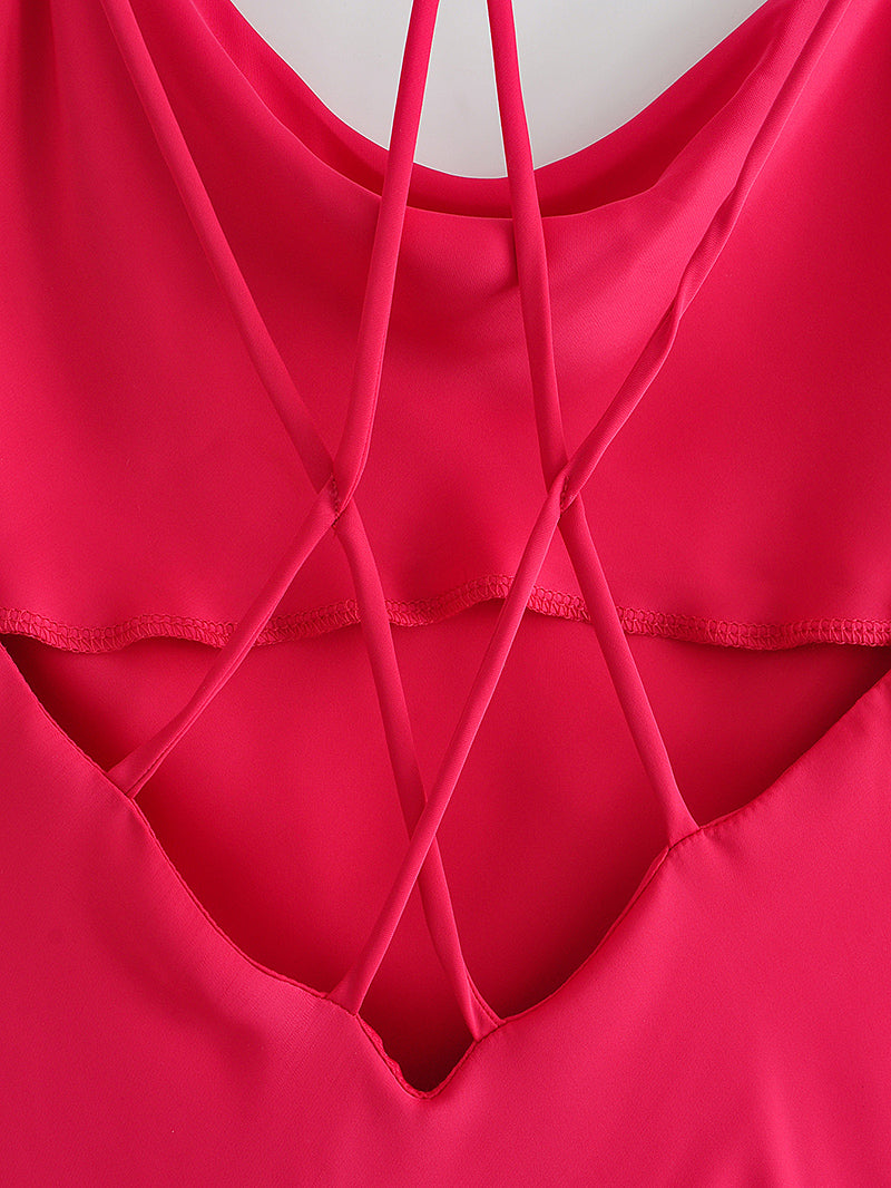 Autumn Sexy Red Silk Satin Texture Strap Dress