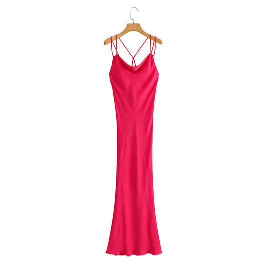Autumn Sexy Red Silk Satin Texture Strap Dress