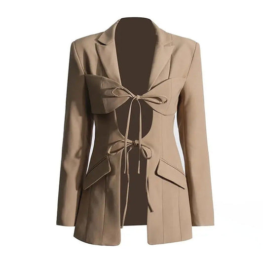 Spring Sexy V Neck Lace-up Hollow Out Cutout Waist Irregular Asymmetric Stitching Design Blazer for Women