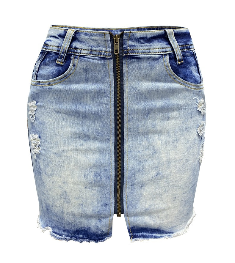 Spring Summer High Waist Zipper Denim Skirt Skirt Women Elastic Tight Ripped Hip Skirt