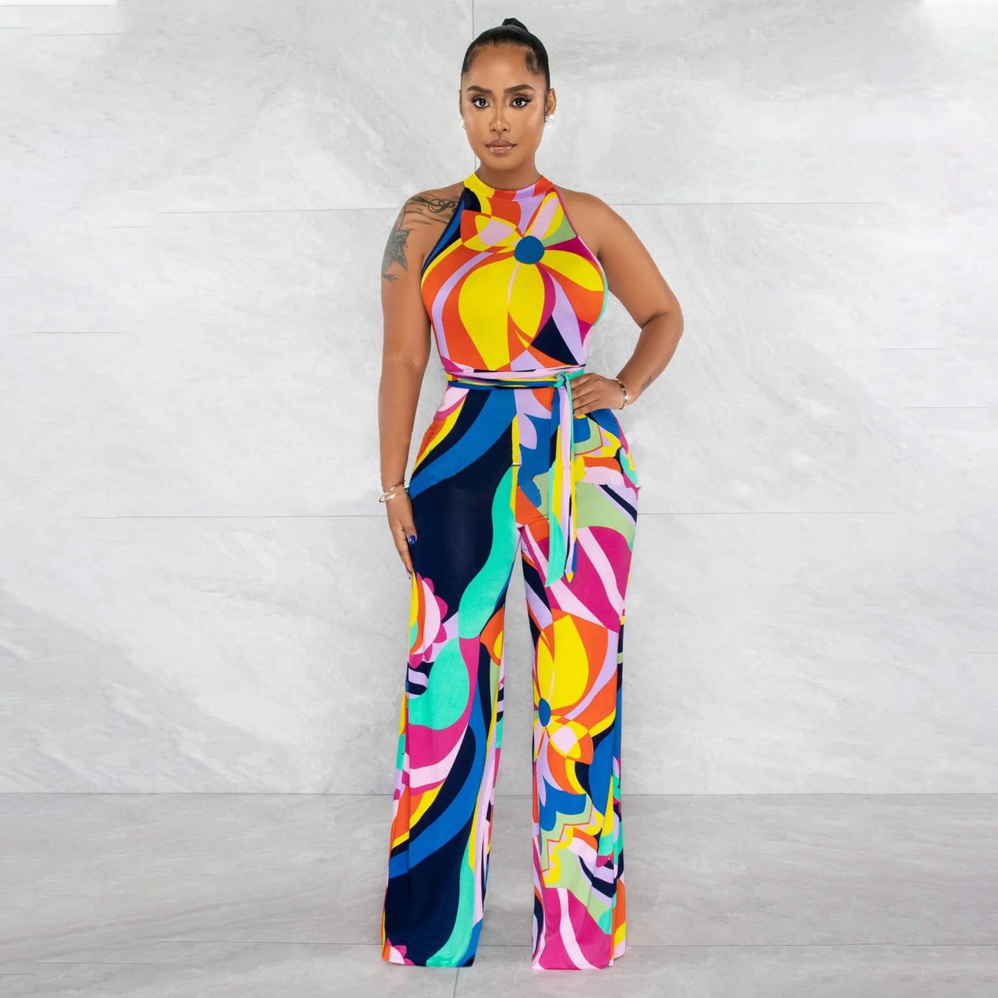 Summer Women Clothing Printed Sexy Sleeveless Lace up Jumpsuit Trousers for Women