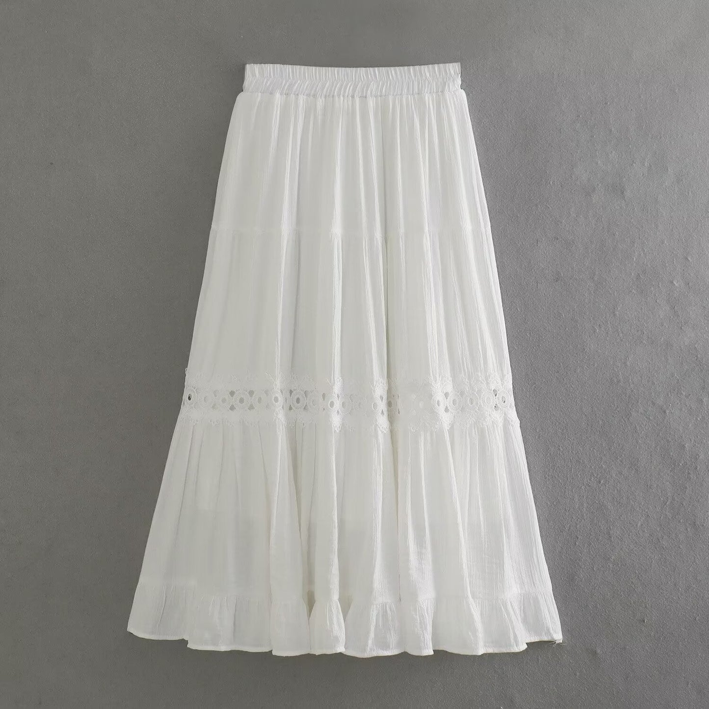 Spring Women All Match Solid Color Elastic Waist Lace Multi Layer Cake A line Skirt