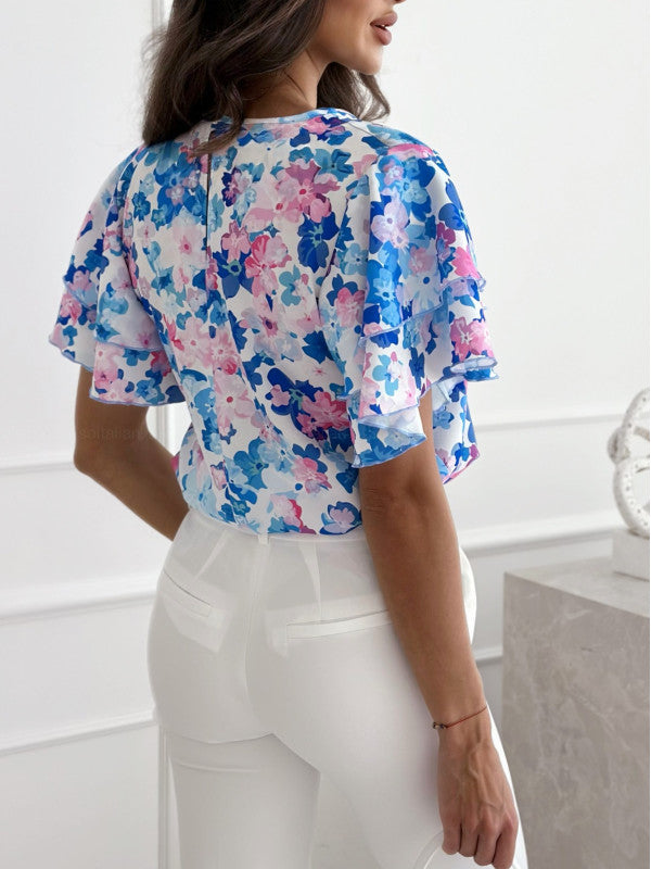 Summer Printed Lotus Sleeve Round Neck Simple Short Sleeve Top