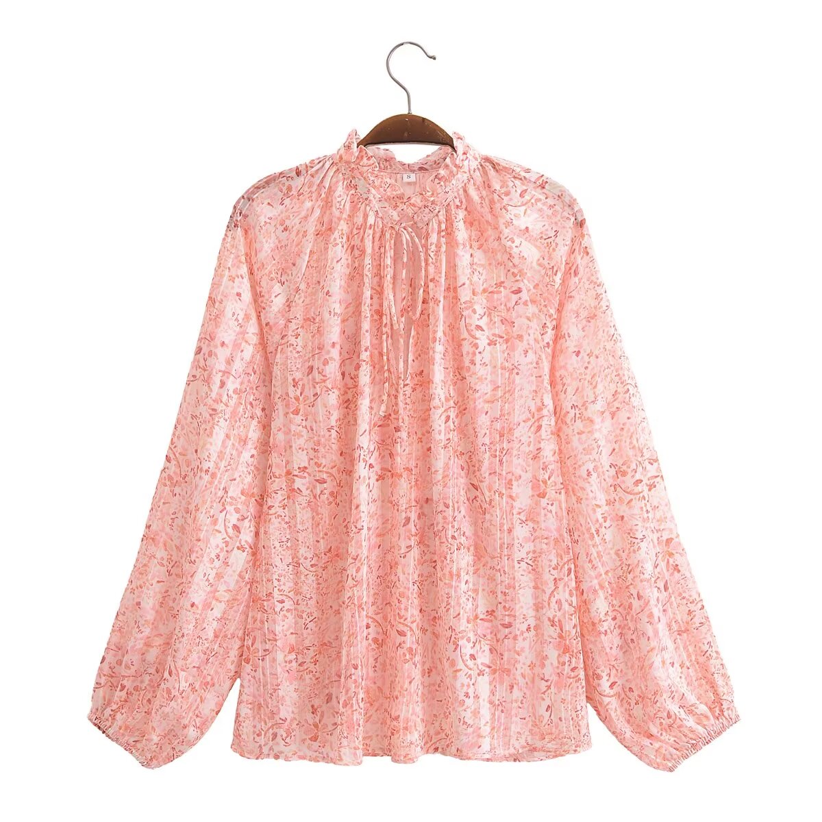 Spring Lace V Neck Stand Collar Long Sleeve Shirt