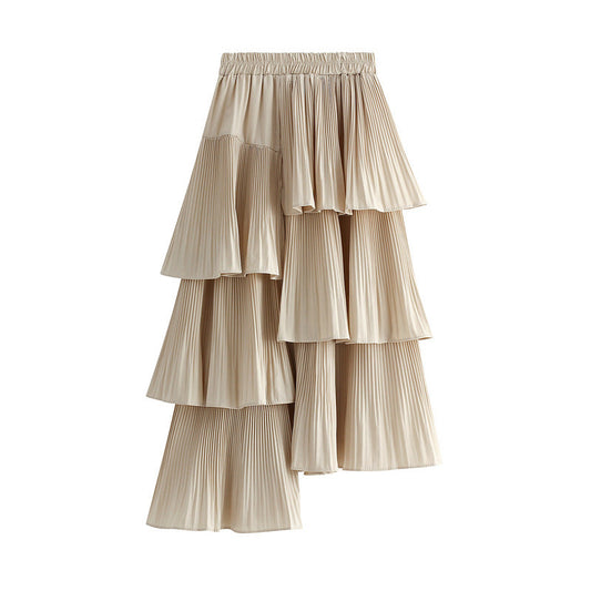 Autumn Winter Korean Asymmetric Pleated Tiered Skirt Women AllMatch Mid Length Ruffled Irregular Asymmetric Skirt