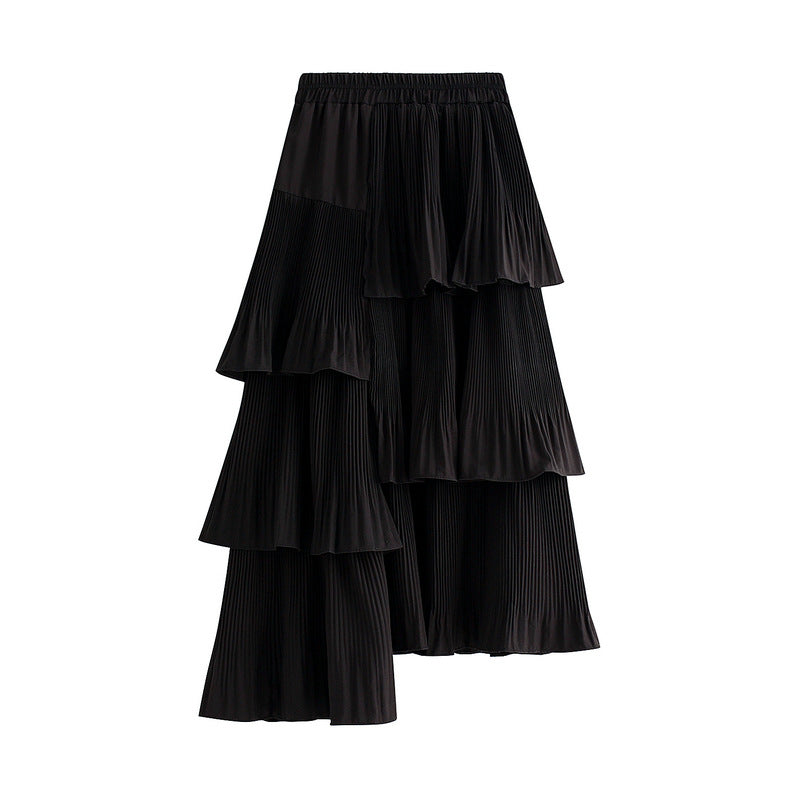 Autumn Winter Korean Asymmetric Pleated Tiered Skirt Women AllMatch Mid Length Ruffled Irregular Asymmetric Skirt