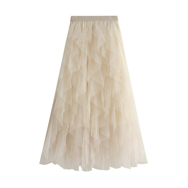 Autumn Winter Korean Elastic Waistband Fashionable All Matching Slimming Mesh Stitching Irregular Asymmetric Mid Length High Waist Skirt