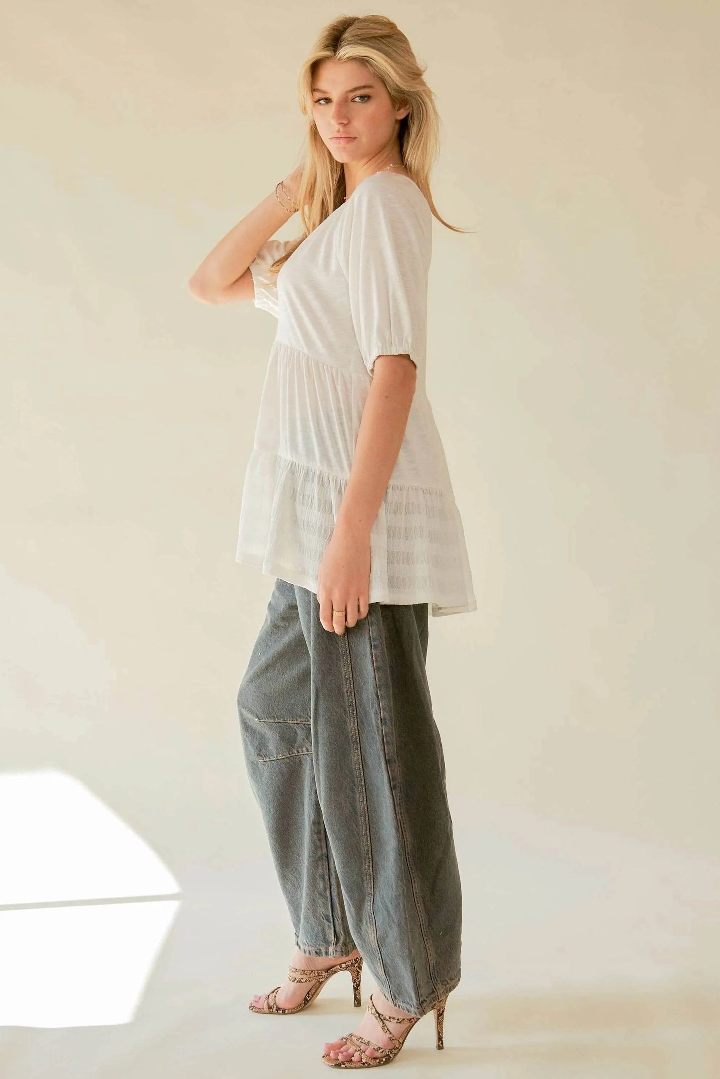 Davi & Dani Ruffled Flared Short Sleeve V Neck Blouse