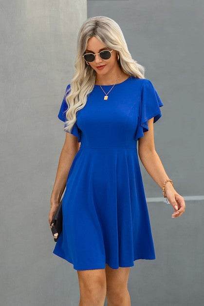 Elegant Solid Crew Neck Butterfly Sleeve Slim Dres