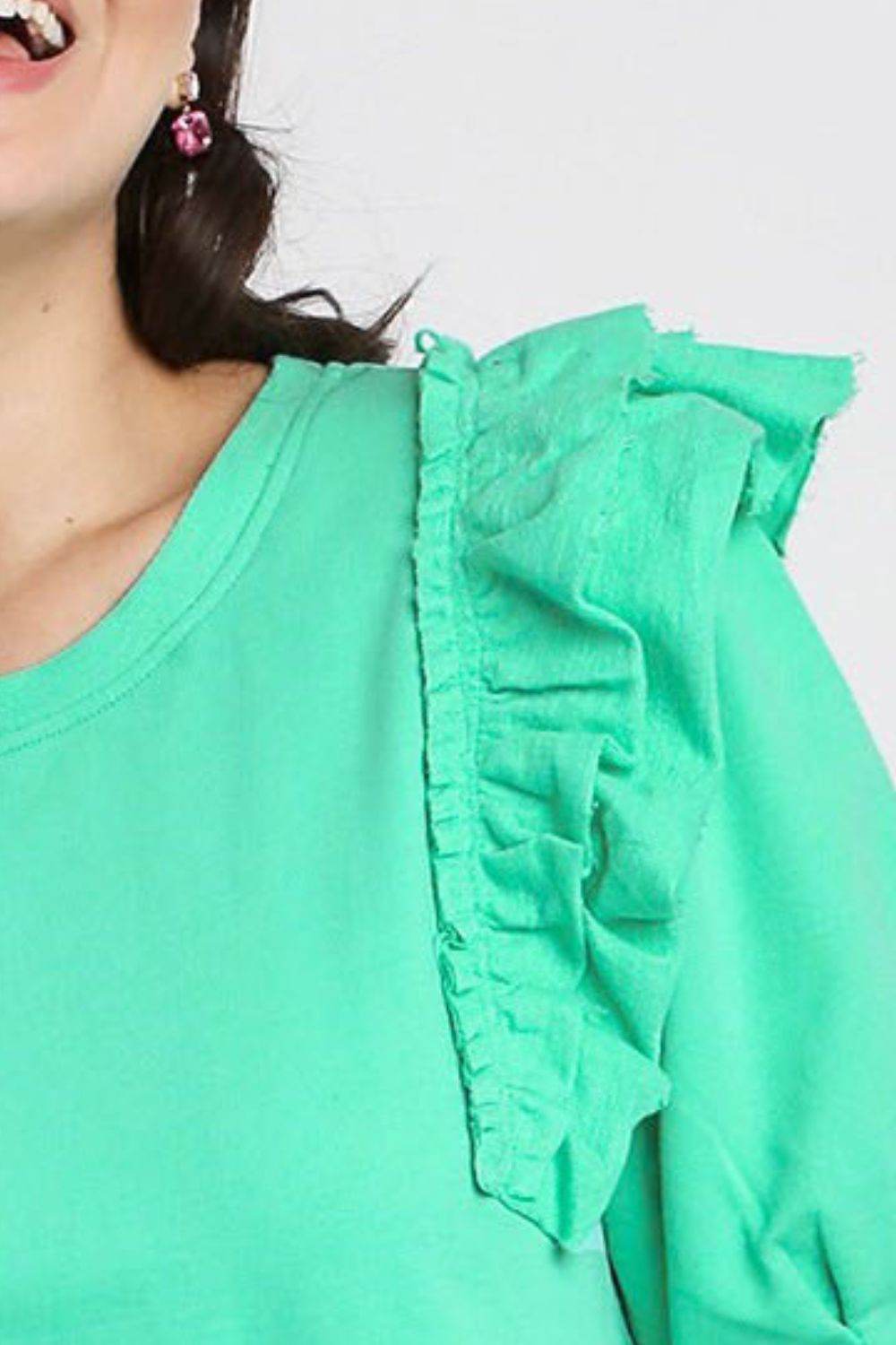 Umgee Full Size French Terry Ruffles Sleeve with Pleats Plus Size