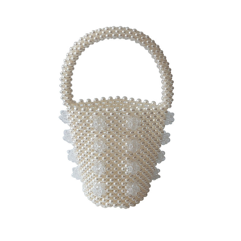 Transparent Bucket Bag Hand Imitation Pearl Clutch Hollow Out Cutout Women Beaded Bag