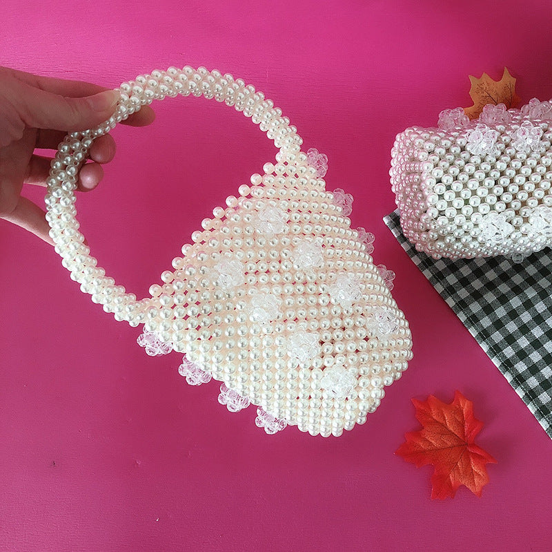 Transparent Bucket Bag Hand Imitation Pearl Clutch Hollow Out Cutout Women Beaded Bag