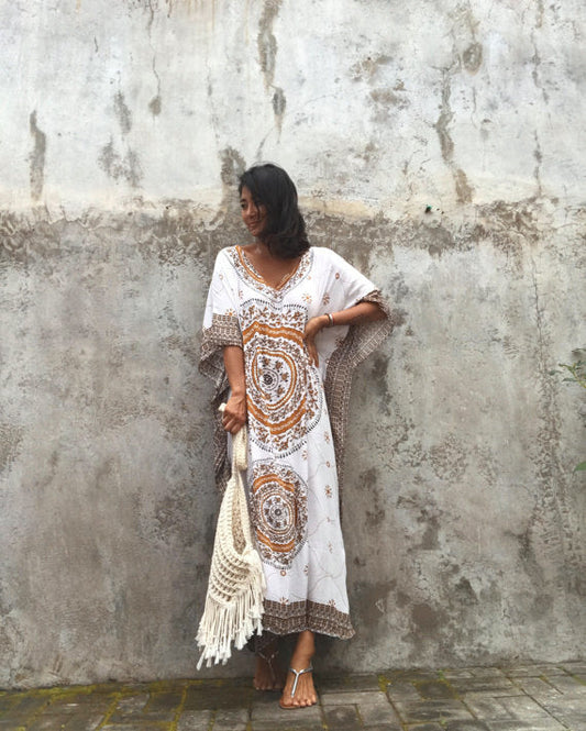 Rayon Positioning Floral Loose Long Beach Cover-up Robe Dress Vacation Clothes