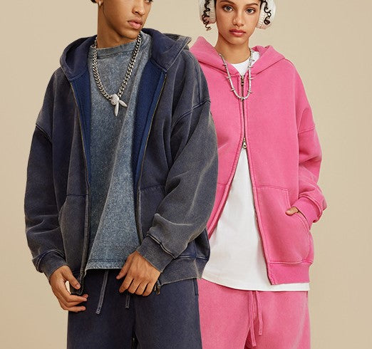 Autumn Winter Brand Washed Sweatshirt Hooded Cardigan Vintage Fleece-Lined Red Sweatshirt