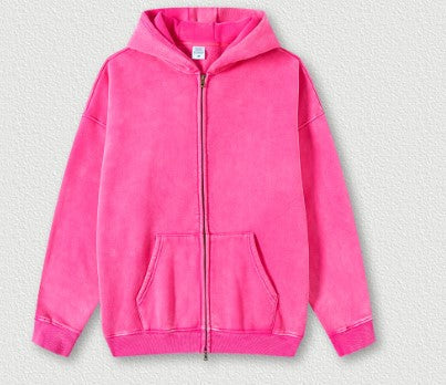 Autumn Winter Brand Washed Sweatshirt Hooded Cardigan Vintage Fleece-Lined Red Sweatshirt