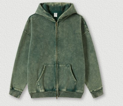 Autumn Winter Brand Washed Sweatshirt Hooded Cardigan Vintage Fleece-Lined Red Sweatshirt