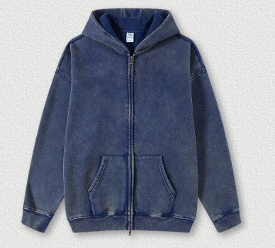 Autumn Winter Brand Washed Sweatshirt Hooded Cardigan Vintage Fleece-Lined Red Sweatshirt