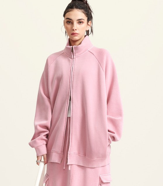 Autumn Winter Brand 350G Heavy Retro Washed Raglan Zipper Jacket Loose Fleece Jacket