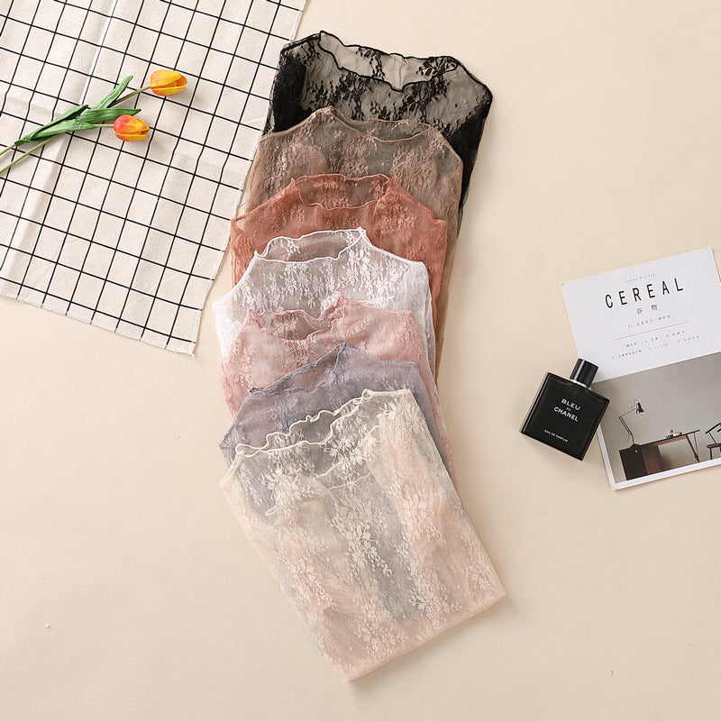 Autumn Winter Lace Bottoming Shirt Women Long Sleeve Half High Collar Inner Match Hollow Out Cutout Out Chiffon Western Sexy Mesh Top