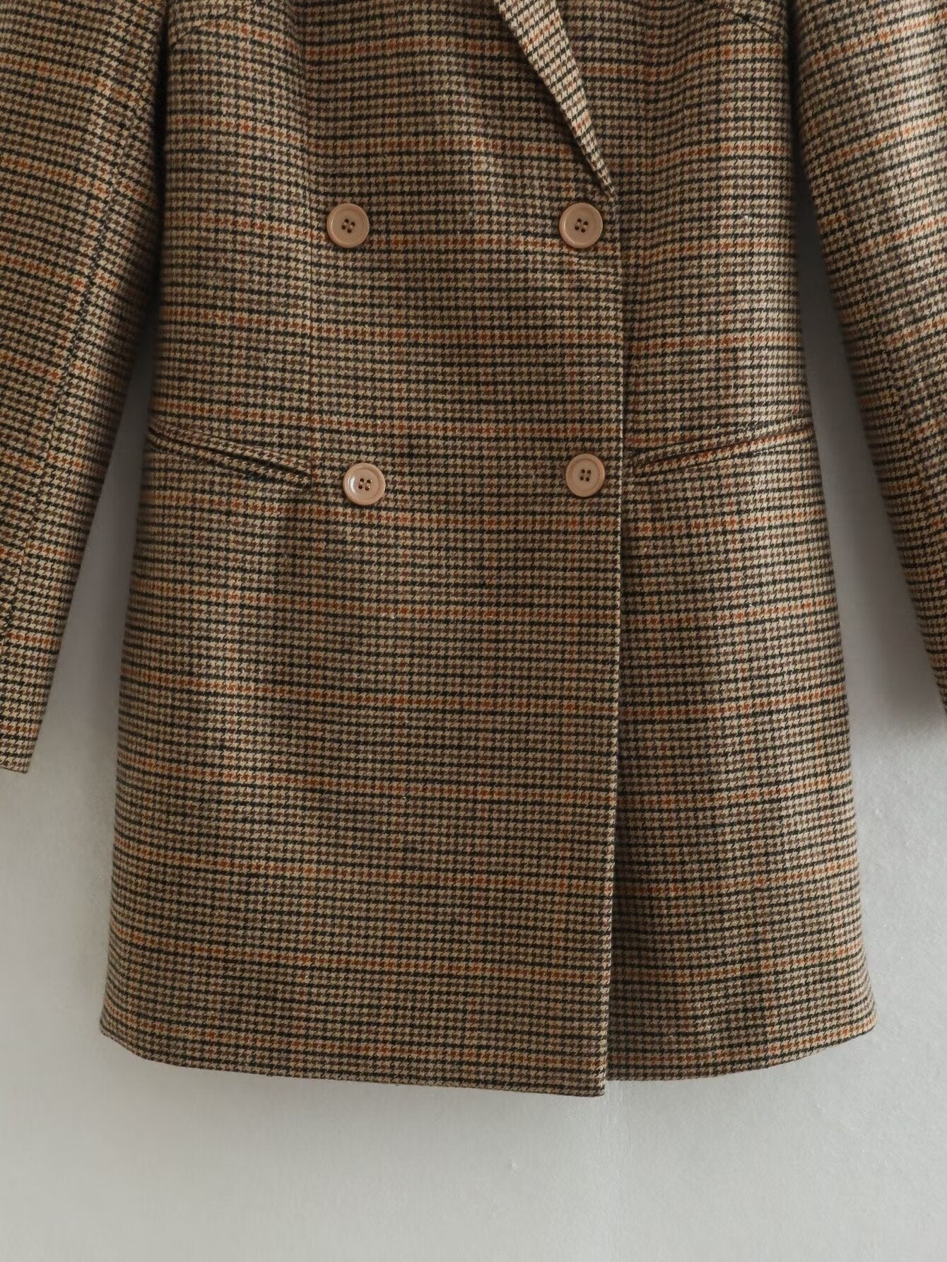 Fall Women Clothing Tailored Collar Brushed Houndstooth Long Sleeve Double Breasted Blazers