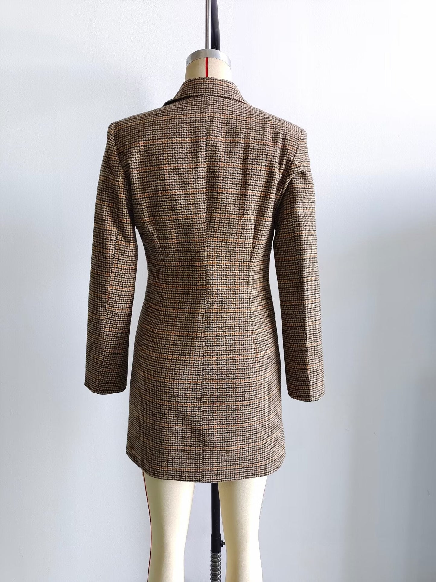 Fall Women Clothing Tailored Collar Brushed Houndstooth Long Sleeve Double Breasted Blazers