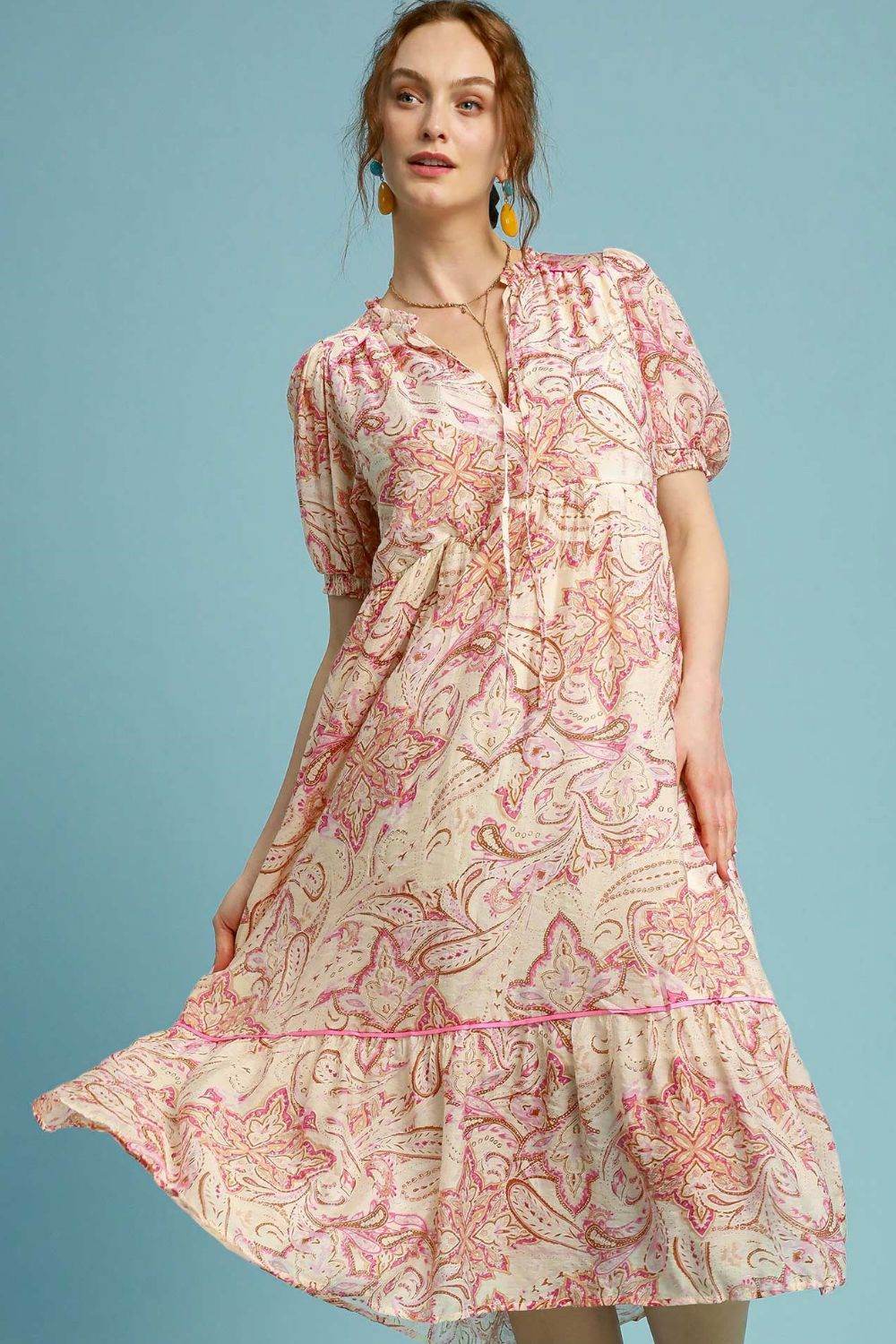 Umgee Full Size Printed Puff Short Sleeve Midi Dress Plus Size
