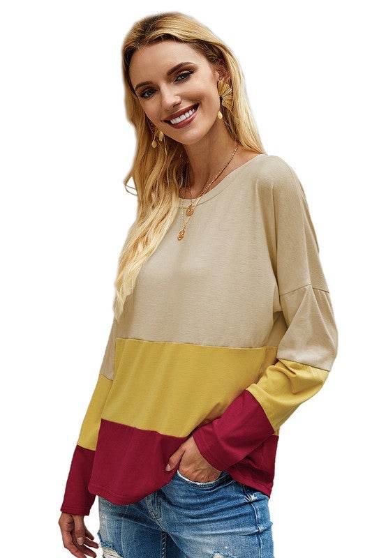 Round Neck Color Block Loose Top