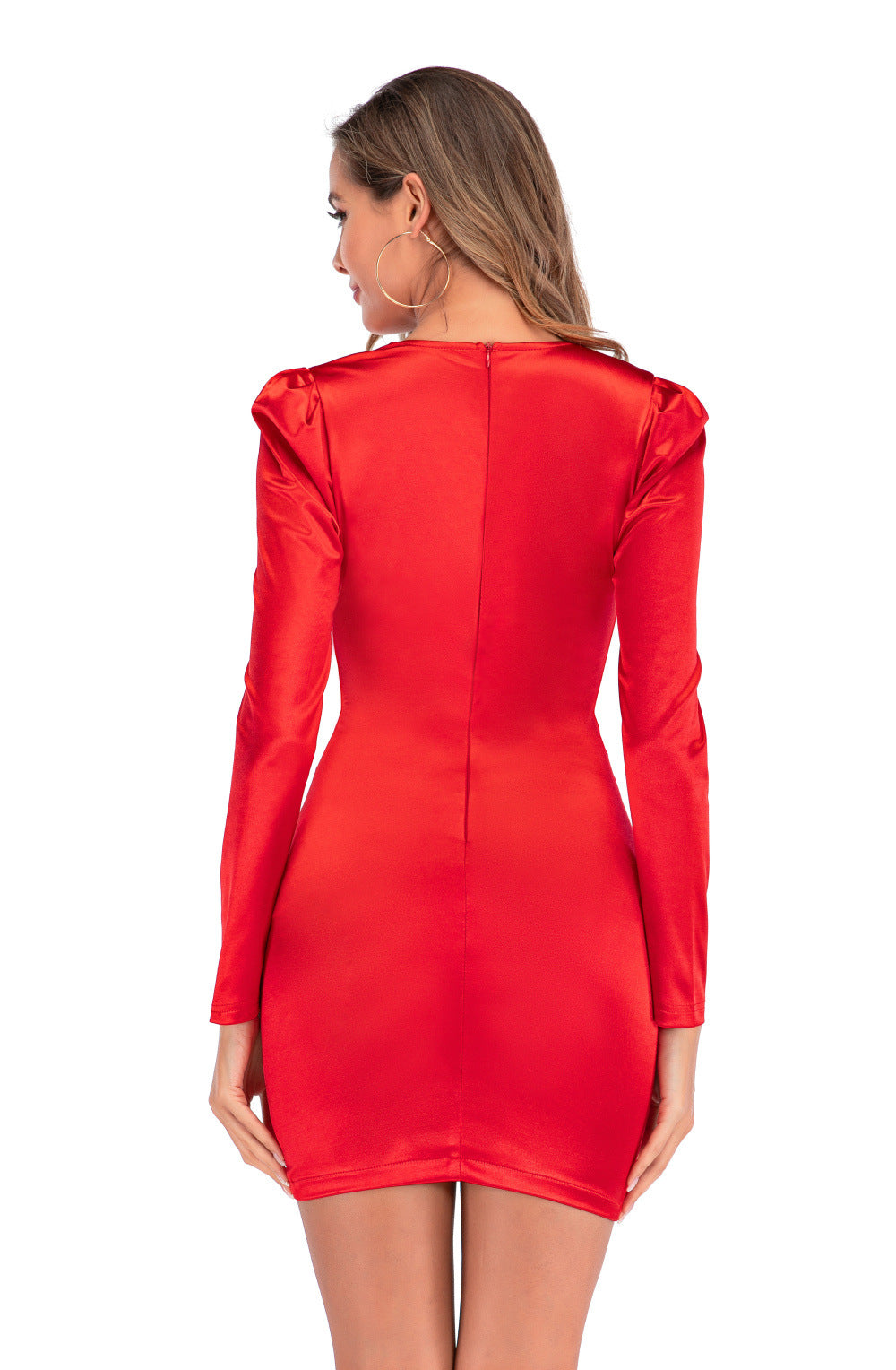 Popular Women Clothing Spring Autumn Long Sleeve Sexy V-neck Party Red Dress