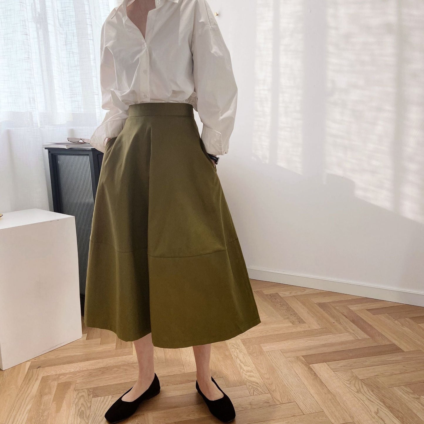 Profile Puffy A line Dress Women Spring Cotton Mid Length Skirt French High Waist Skirt 8007