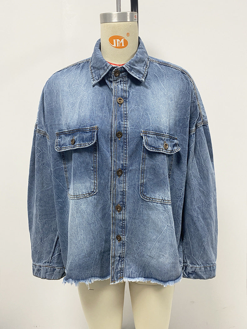 Women Clothing Spring Retro Loose Denim Shirt Drop Shoulder Blue Large Pocket Shirt