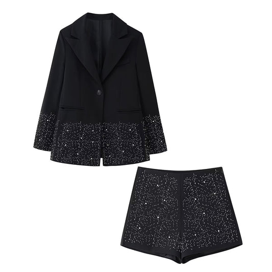 Spring Women Casual Artificial Jewelry Inlaid Embroidered Blazer High Waist Shorts Set