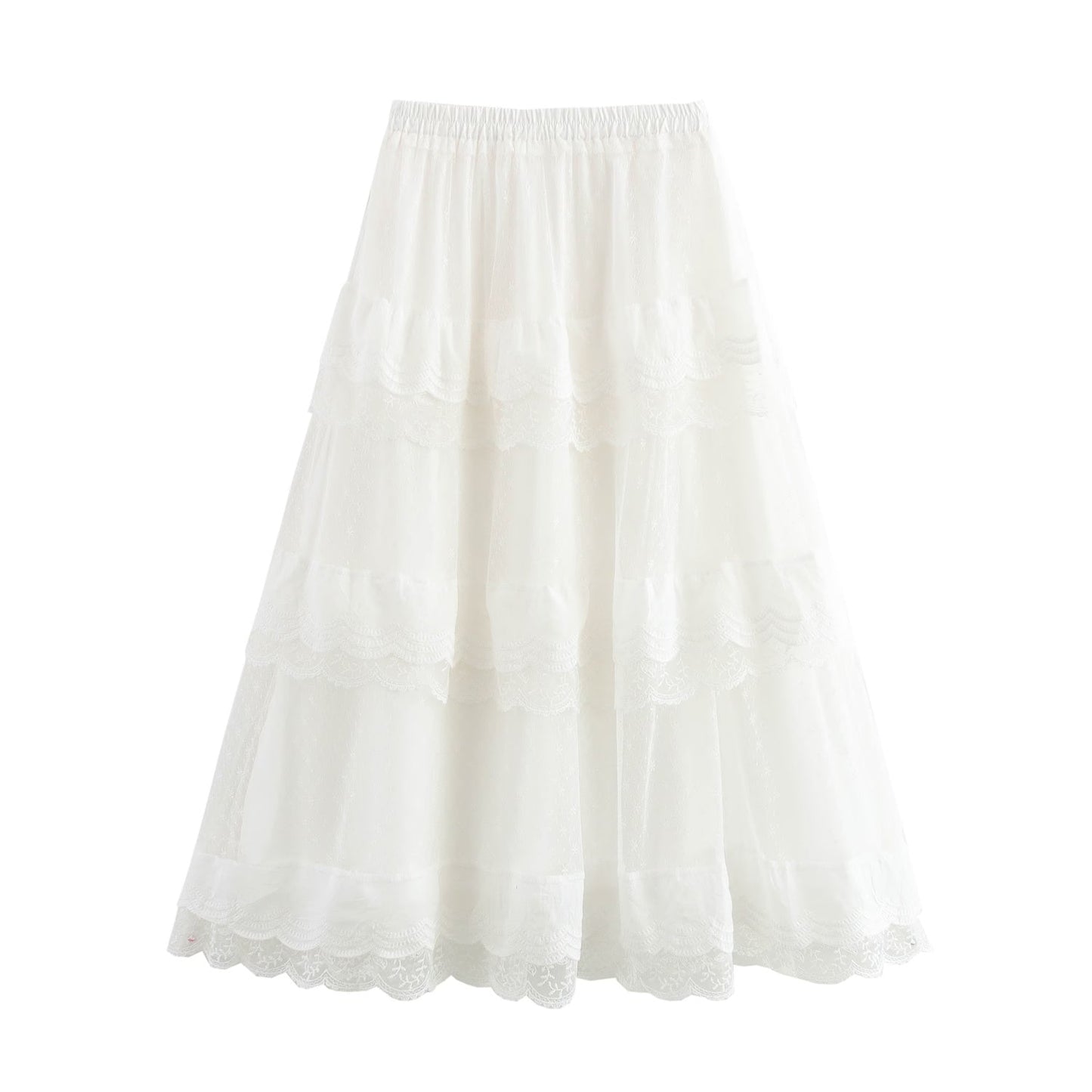 Tiered Dress Midi Skirt Spring Summer Sweet Mesh Puffy Women Clothing Swing Mid Length Dress