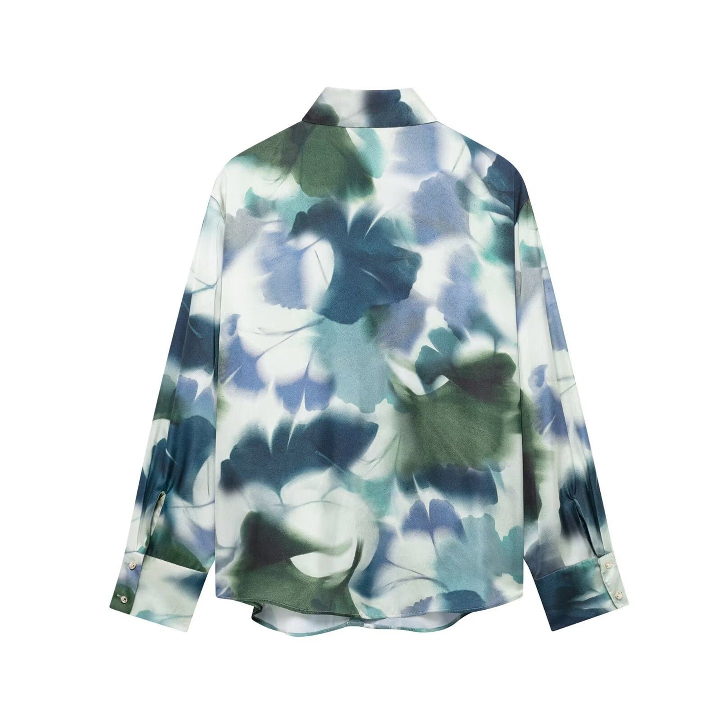 Spring Summer Women Clothing Office Printed Silk Satin Texture Collared Casual Shirt