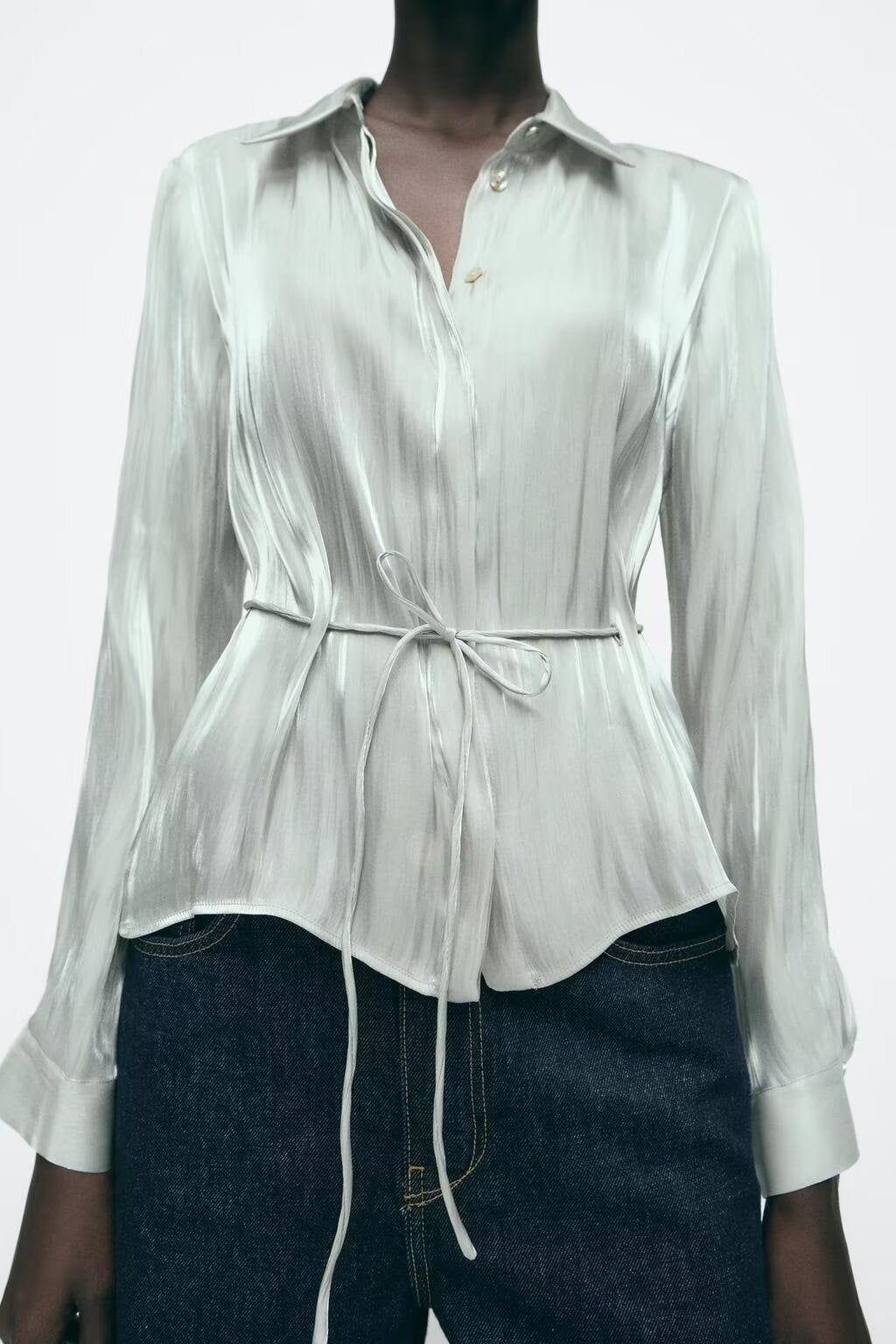 Women Bowknot Decoration Bright Effect Long Sleeve Collared Shirt
