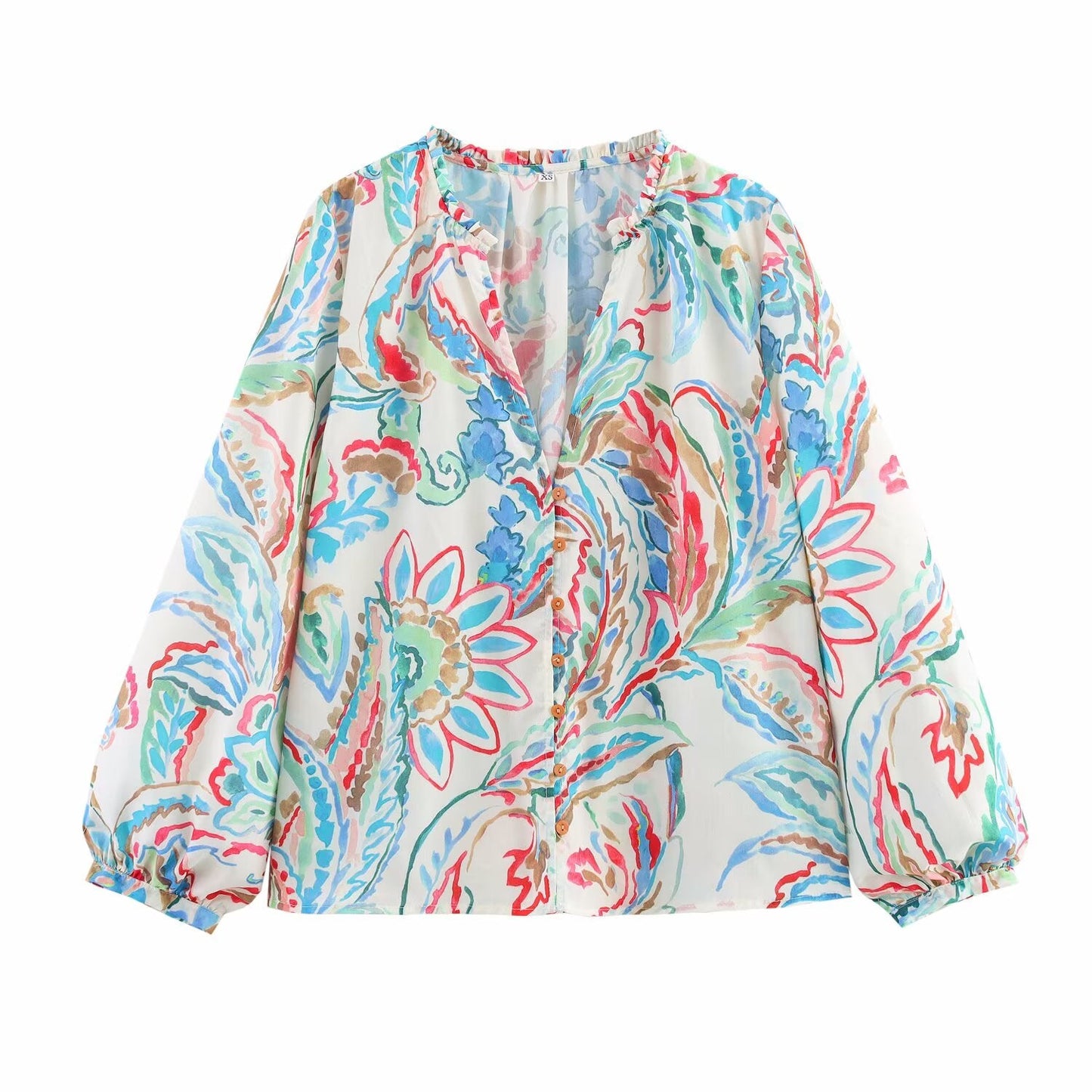 Spring Summer Women Clothing Casual Long Sleeve V neck Printed Poplin Shirt