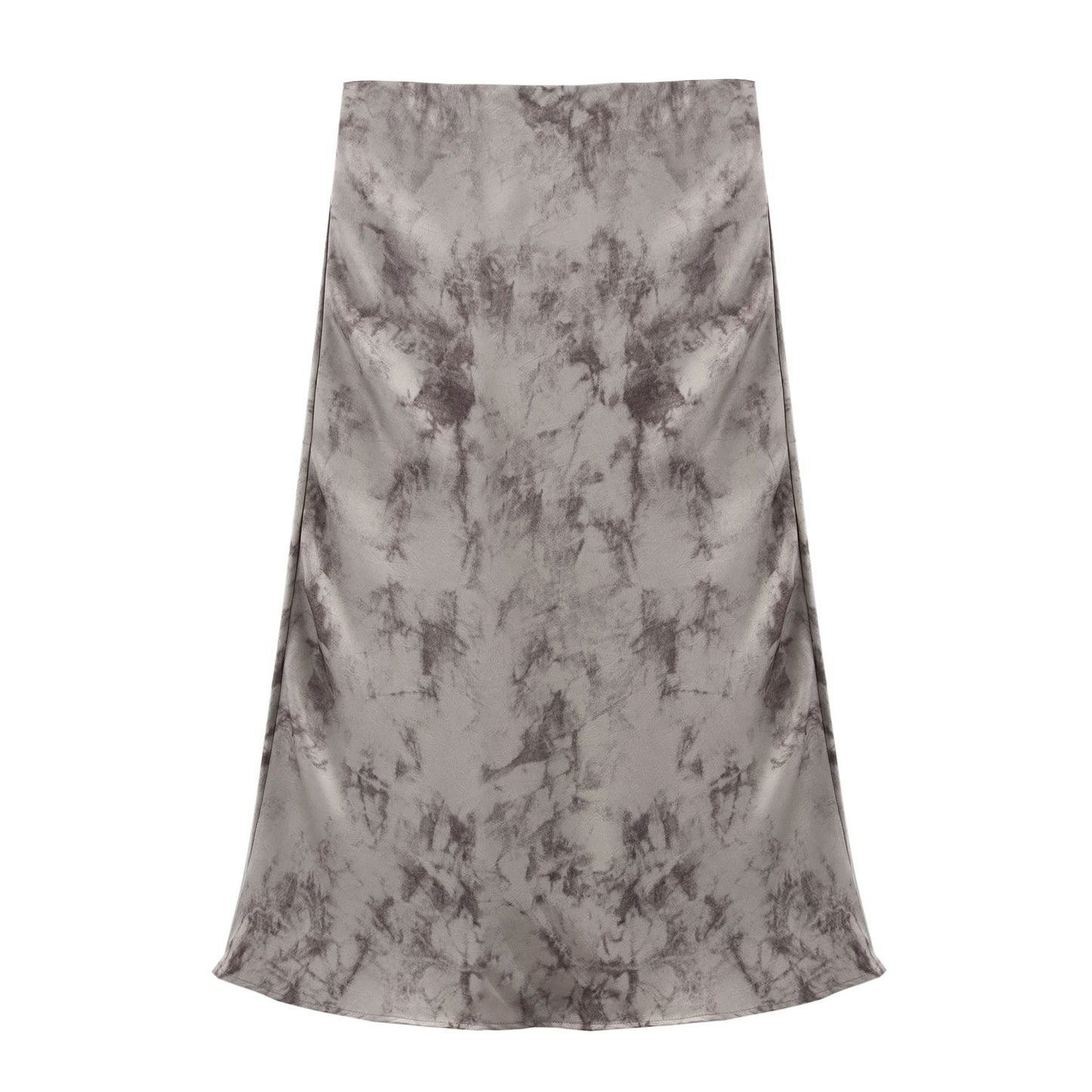 Spring Women Clothing Ink Fried Satin Diagonal Cut Skirt Midi Skirt