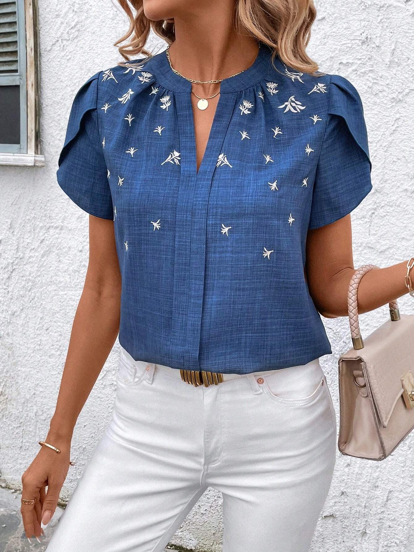 Spring Summer Half Open Collar Short Sleeve Shoulder Wrinkle Pullover Solid Color Printing Shirt T Top for Women