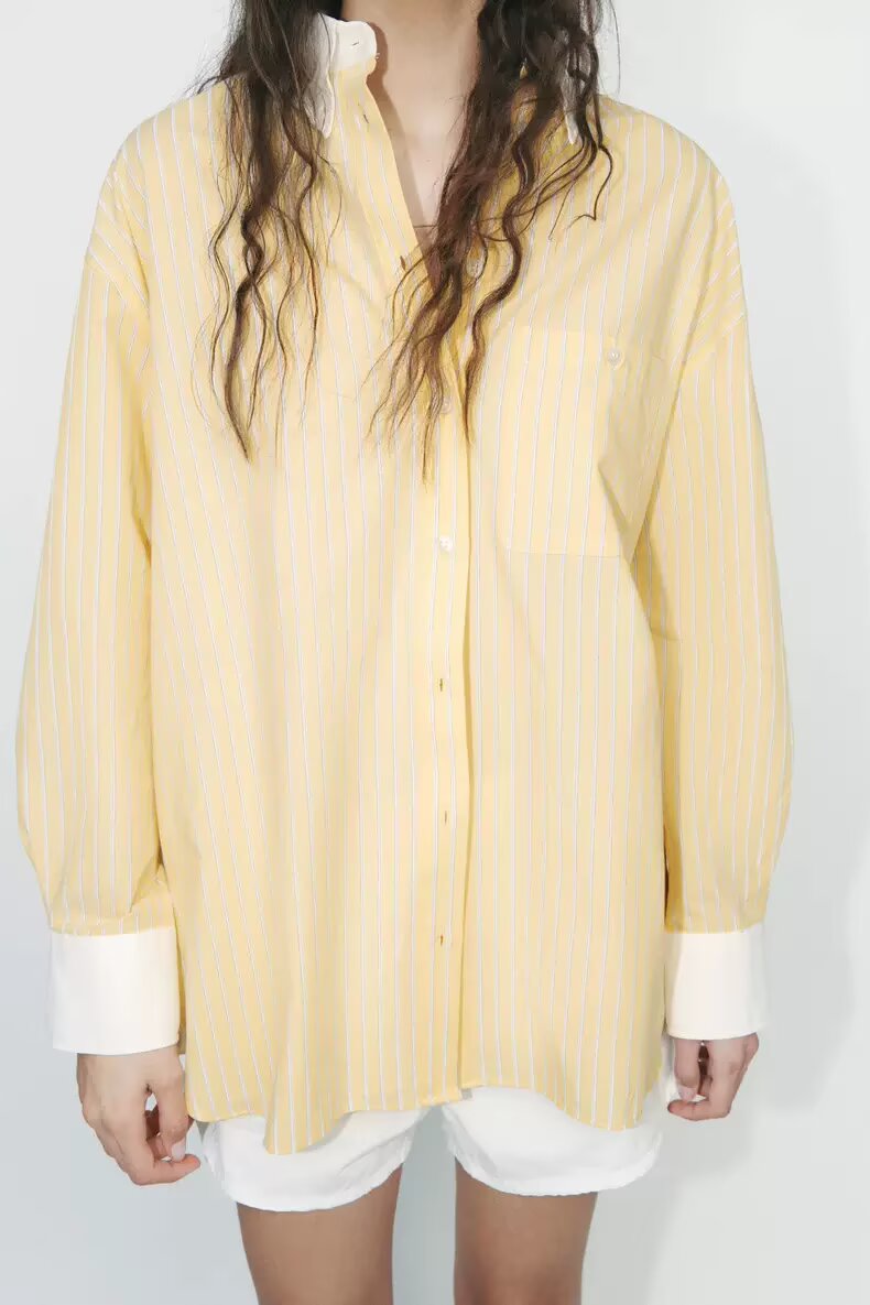 Spring Women Clothing Office Loose All Matching Striped Poplin Collared Long Sleeve Shirt