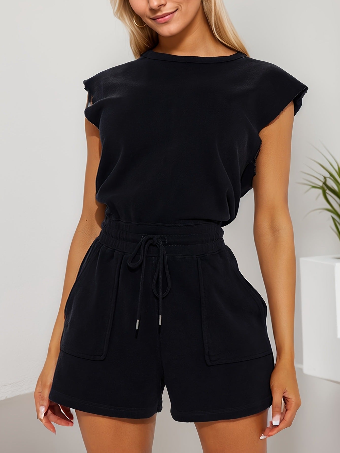 Women Sleeveless Casual Jumpsuit Cinched Drawstring Jumpsuit