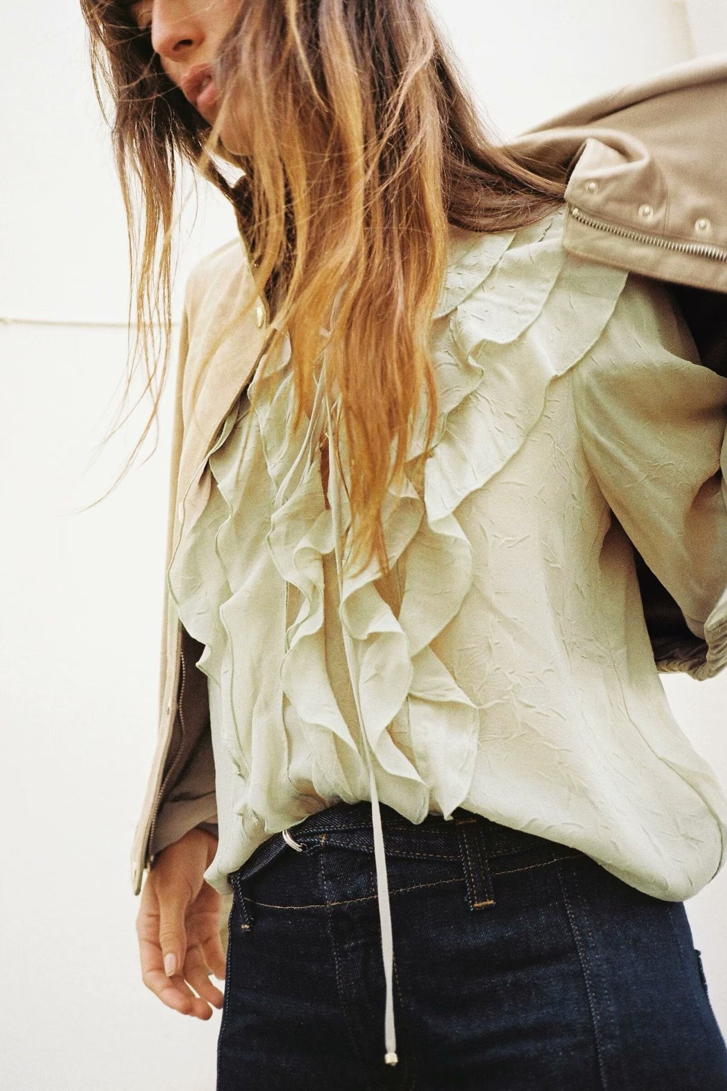 Women Clothing Spring Summer Casual Laminated Decoration Translucent Shirt