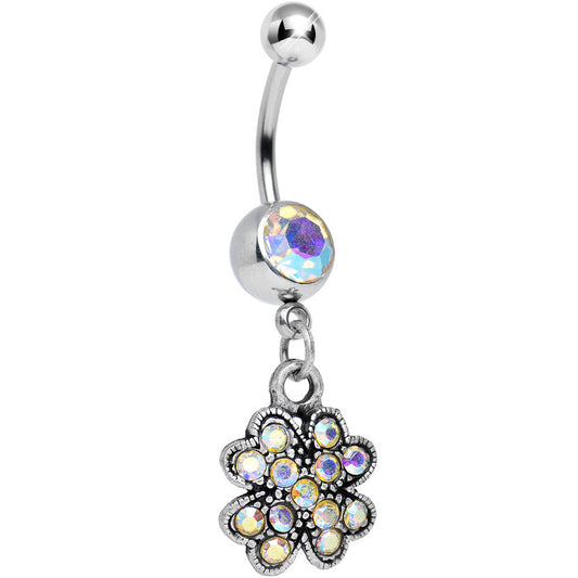 Antique Silver Giant Clover Aurora Gem Dangle Belly Ring