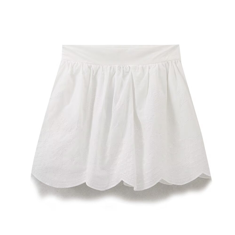 Women Clothing Summer Casual All Matching Elastic Waistband Embroidery Mini Skirt