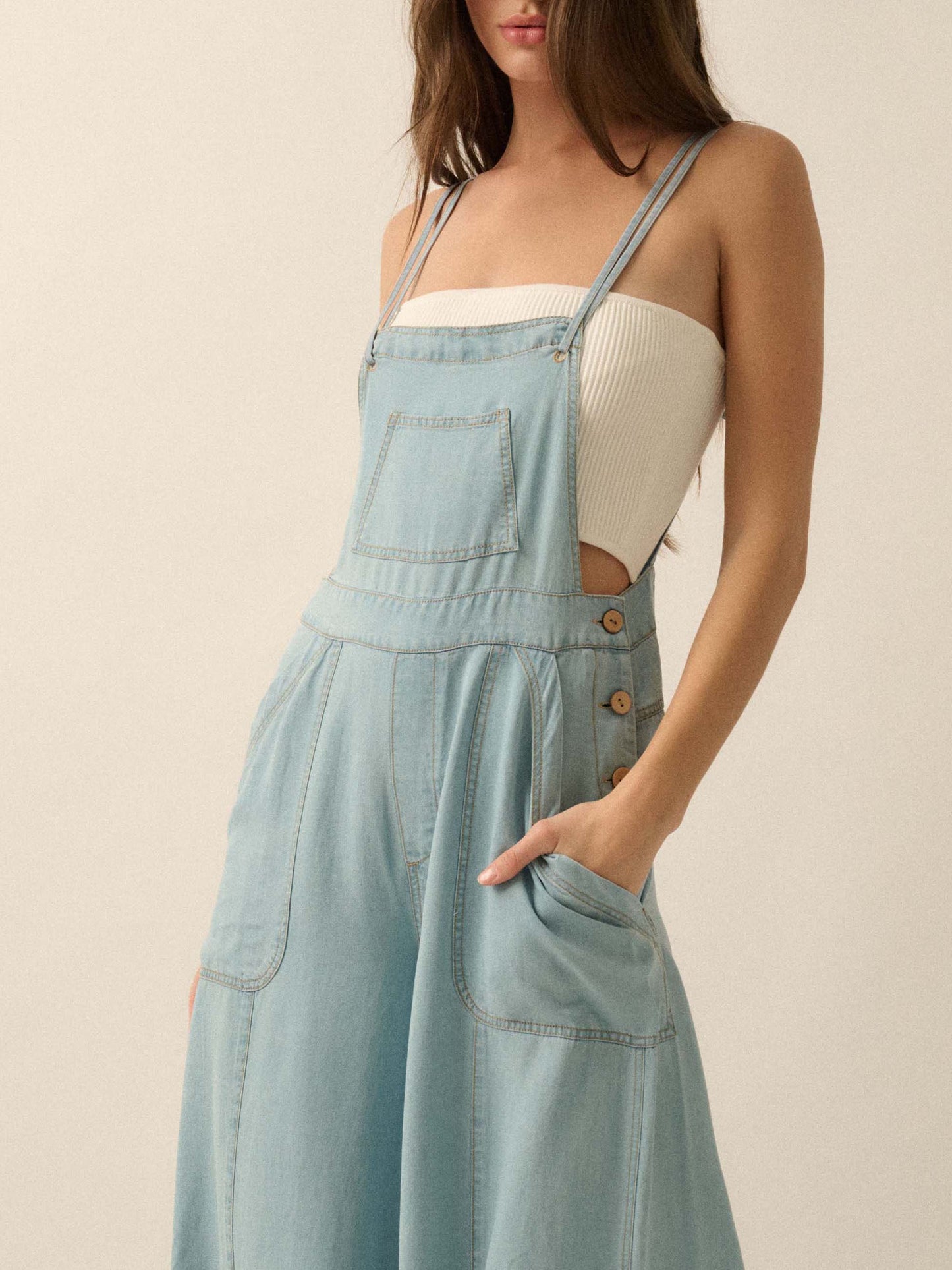 Ladies French Fresh Sling Wide Leg Multi Pocket Workwear Denim Jumpsuit