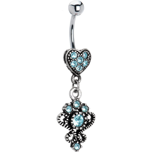 Antique Silver Victorian Heart Solar Blue Gem Dangle Belly Ring