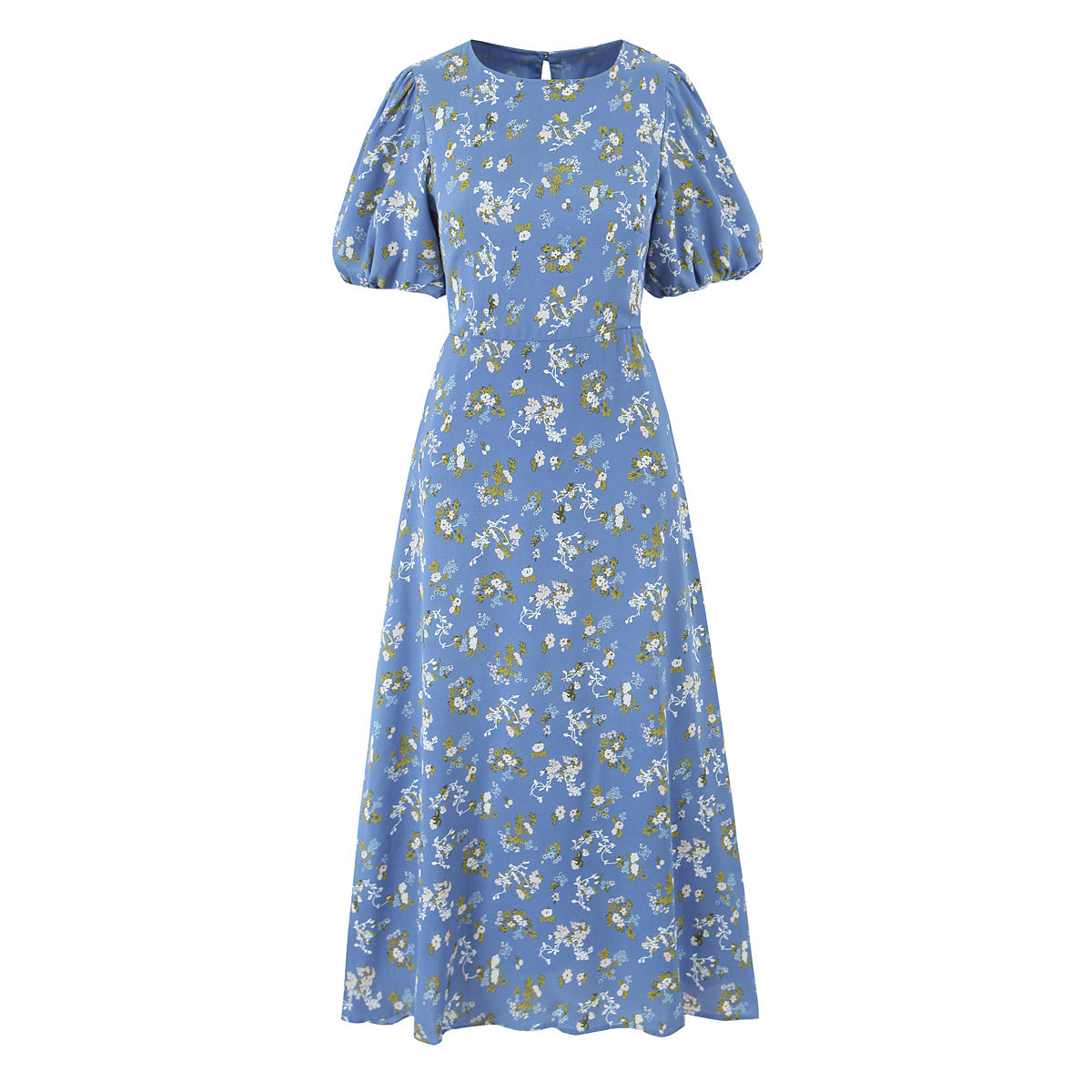 Summer French Vintage Small Floral Print Puff Sleeve Slim Fit Slimming round Neck Dress
