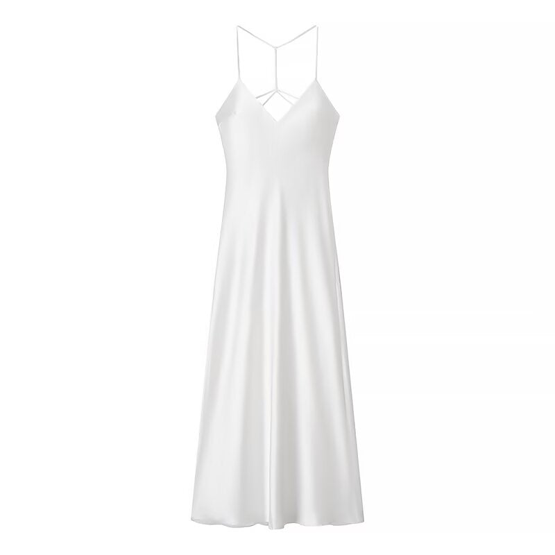 Summer Women Elegant Back Sling Silk Satin Midi Suspender Dresses