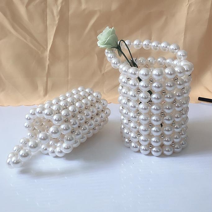 Hand Woven Imitation Pearl Handbag Stylish round Women Bucket Bag Hand Held Hollow Out Cutout Pen Holder Bag