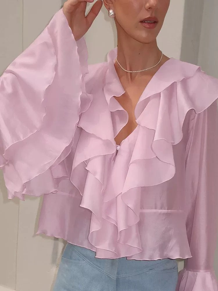 Summer Charming Pink Chiffon Elegant Layered V neck Tencel Cotton Multi Layer Ruffle Top