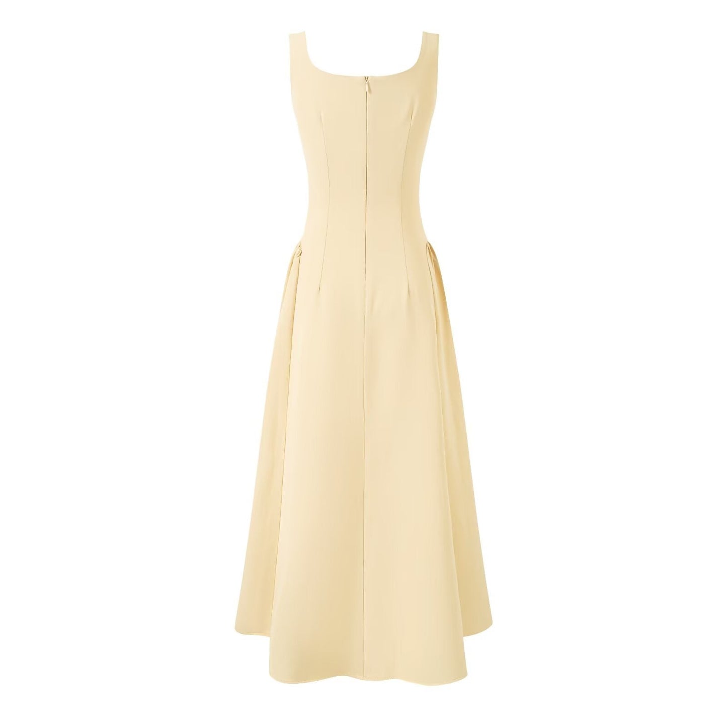 Yellow Square Collar Sling Dress Women Summer Slim Fit Tight Waist Pleated