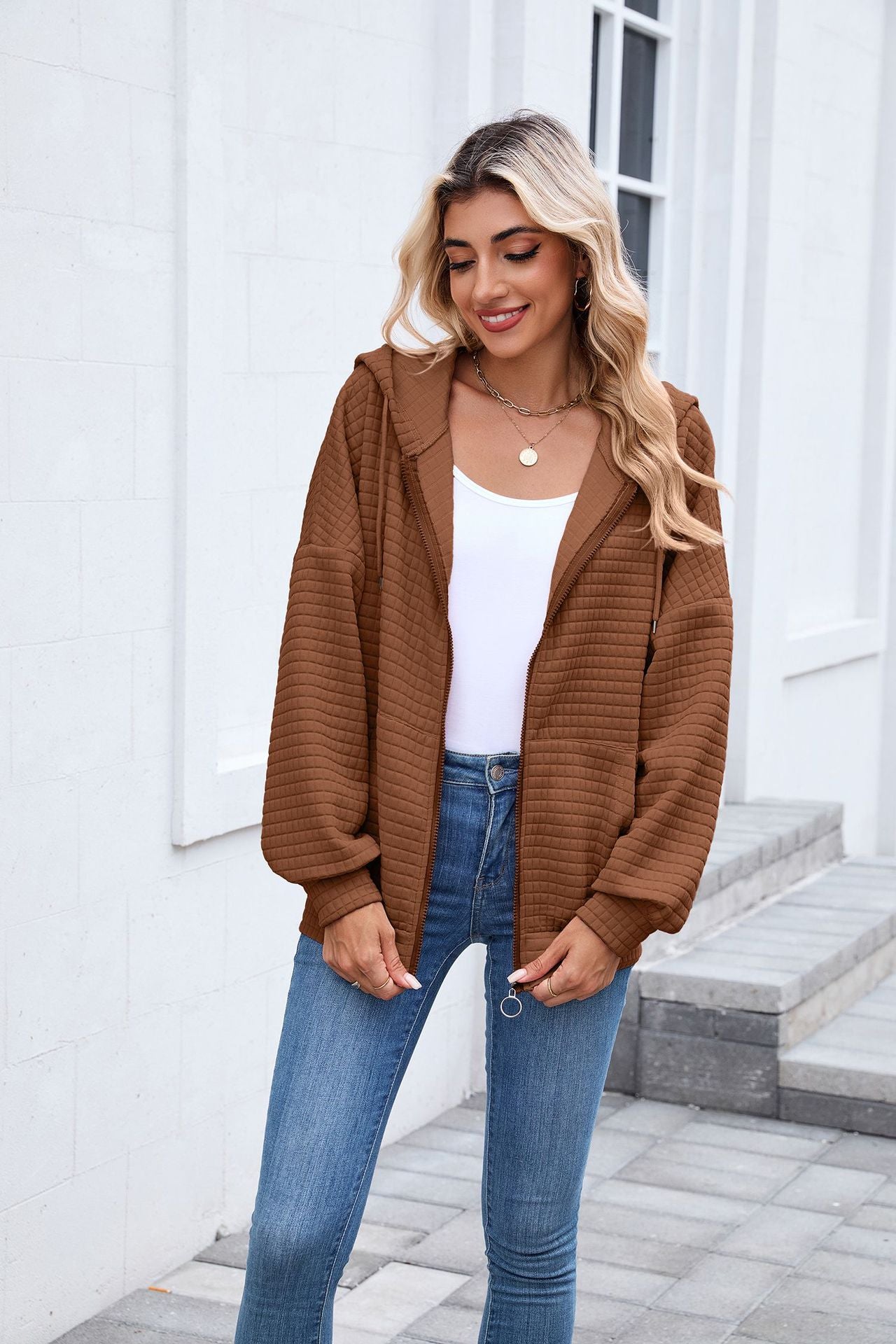 Autumn Winter Solid Color Long Sleeve Zipper Hooded Pocket Sweatshirt Coat Women